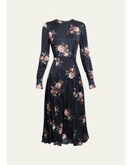 Erdem Floral Crushed Satin Crewneck Midi Dress