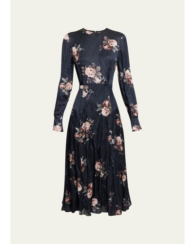Erdem Floral Crushed Satin Crewneck Midi Dress
