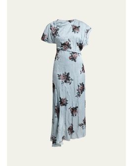 Erdem Floral Crushed Satin Short-Sleeve Asymmetric Midi Dress