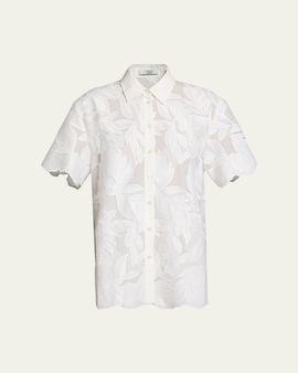 Erdem Floral Cutwork Cotton Short-Sleeve Button-Down Shirt