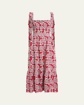 Erdem Floral Embroidered Cotton Smocked Sleeveless Midi Dress