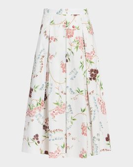 Erdem Floral Print Pleated Cotton Poplin Midi Skirt