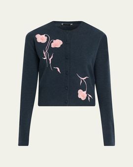 Erdem Flower Embroidered Cashmere-Wool Crewneck Cardigan