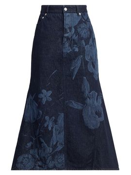 Erdem Women's Dutch Flower Denim Fluted Midi-Skirt