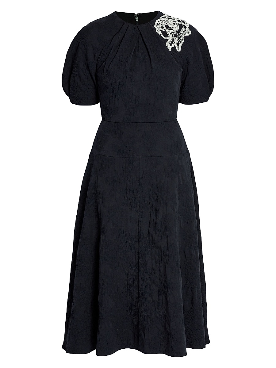 chinese dress ladies Erdem Black Silk Embellished Mini Dress with Cropped Sleeves and Feath   Sellier