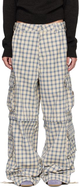 ERL ERL Beige & Blue Zip-Off Plaid Cargo Pants
