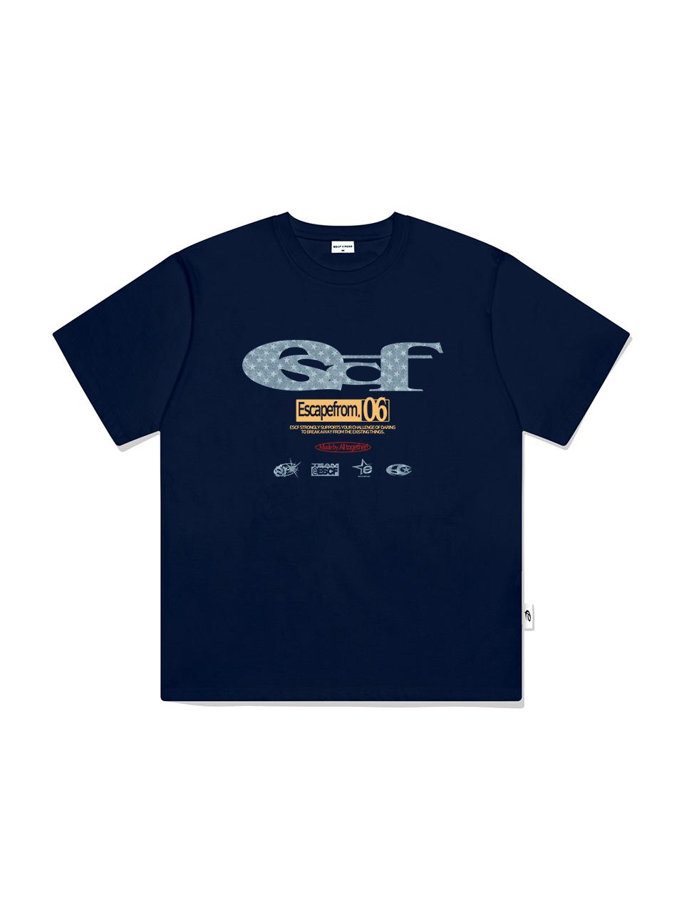 ESCAPEFROM Star Denim ESCF Logo Collage Print Overfit Short-Sleeve T-shirt [Navy]