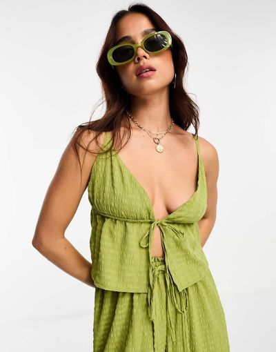Esmée Esmée Exclusive beach textured tie front top in green - part of a set