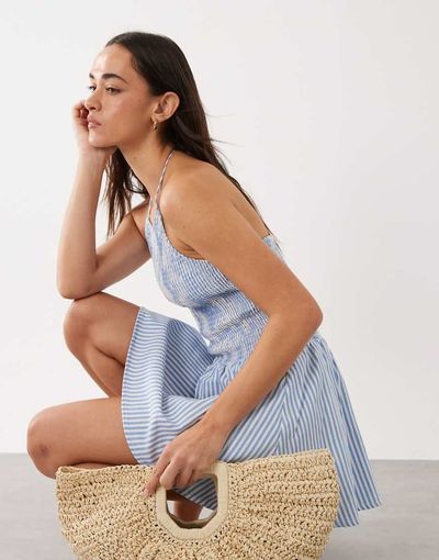 Esmée Esmée halter mini beach dress in blue & white stripes