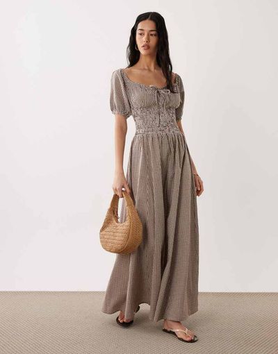 Esmée Esmée puff sleeve tie front beach maxi dress in brown & cream gingham