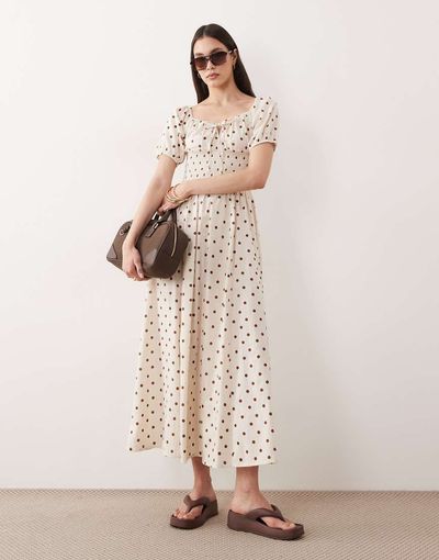 Esmée Esmée puff sleeve tie front maxi beach dress in cream & brown polka dot-White