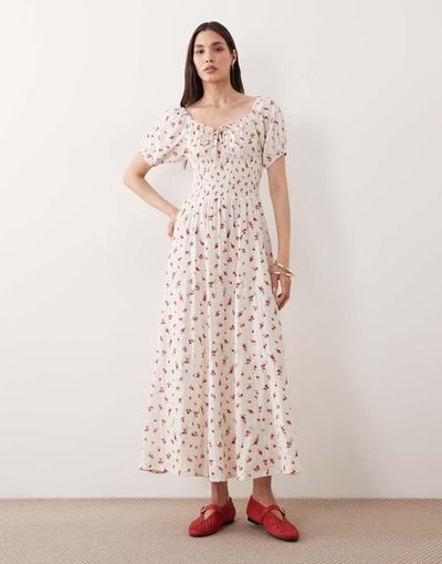Esmée Esmée puff sleeve tie front maxi beach dress in red ditsy floral-Multi