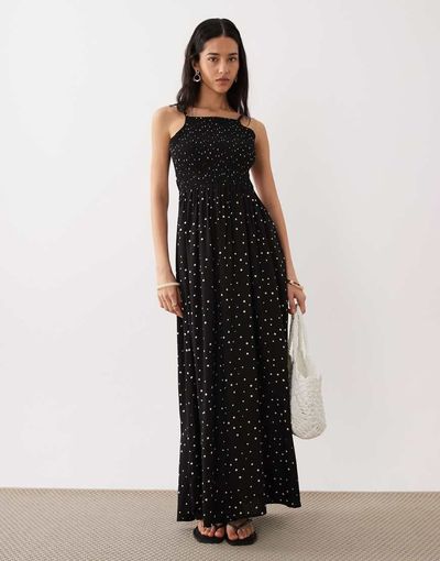 Esmée Esmée shirred beach maxi dress in black & white polka dots