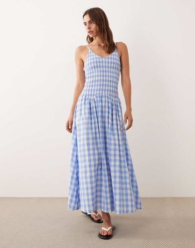 Esmée Esmée shirred drop waist maxi beach dress in blue & white gingham