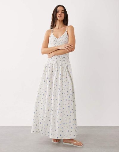 Esmée Esmée shirred drop waist maxi beach dress in blue ditsy floral-Multi