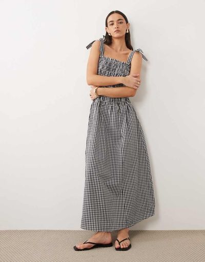 Esmée Esmée shirred tie strap maxi beach dress in black & white gingham