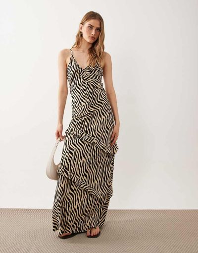 Esmée Esmée strappy maxi beach dress with ruffle detail in cream zebra-Multi