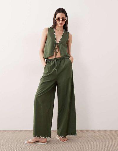 Esmée Esmée tie front beach pants with cream scallop trim in olive - part of a set-Green