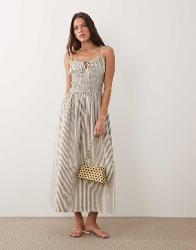 Esmée Esmée tie strap shirred beach maxi dress in beige & white stripes-pink