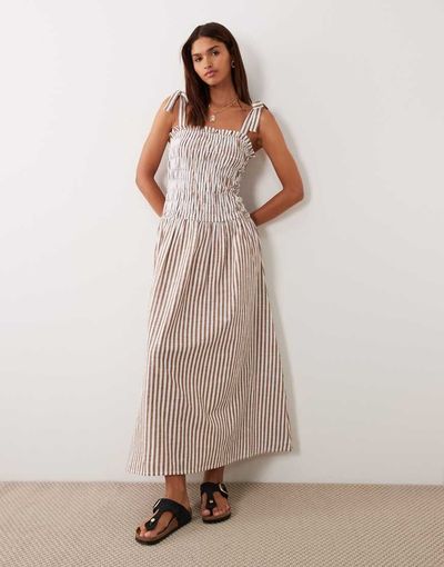 Esmée Esmée tie strap shirred beach maxi dress in brown & white stripes