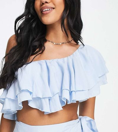 Esmée Esmee Exclusive one shoulder frill crop beach top in blue - part of a set