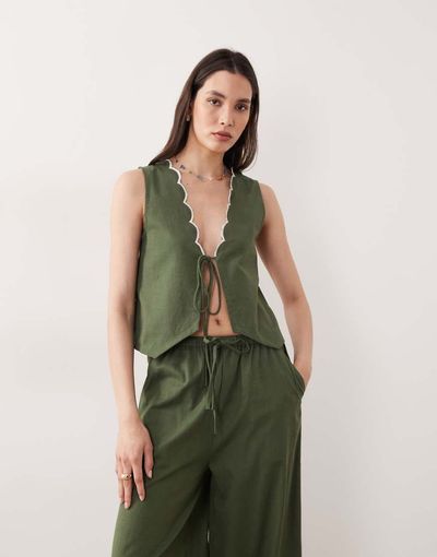 Esmée Esmee tie front beach top with cream scallop trim in olive - part of a set-Green