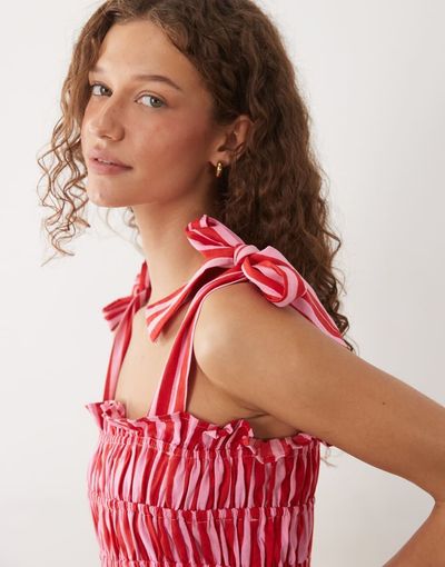 Esmée Esmee tie strap shirred beach crop top in pink & red stripe - part of a set