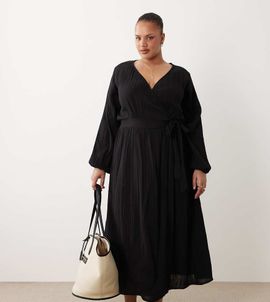 Esmee Curve Esmée Curve wrap front long sleeve midaxi beach dress in black