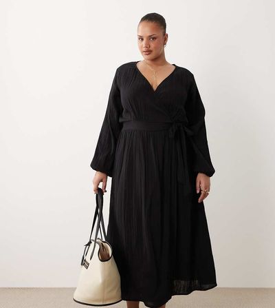 Esmee Curve Esmée Curve wrap front long sleeve midaxi beach dress in black