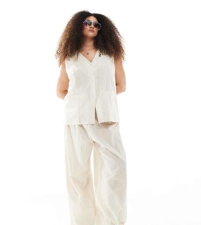 Esmee Curve Esmee Curve Exclusive beach pants in beige and white stripe - part of a set-Neutral