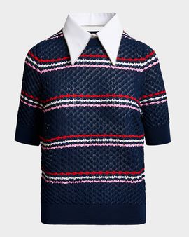 Essentiel Antwerp Jantasy Striped Honeycomb Knit Embellished Collar Polo