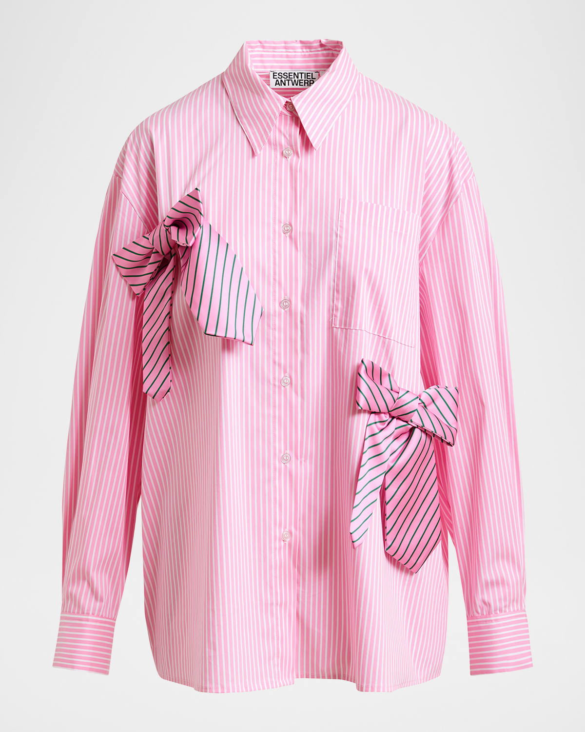 Essentiel Antwerp Jiwi Striped Oversized Cotton Shirt with Tie Bows