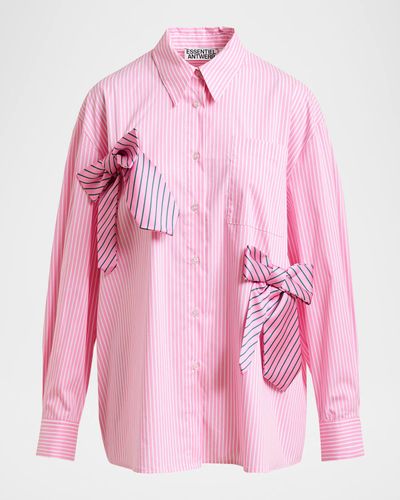 Essentiel Antwerp Jiwi Striped Oversized Cotton Shirt with Tie Bows