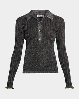 Essentiel Antwerp Karan Metallic Rib-Knit Polo Top