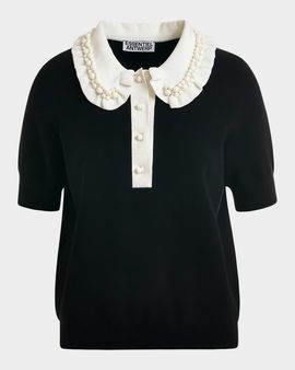 Essentiel Antwerp Ruffle Fine-Knit Polo Top with Bead Embellishments