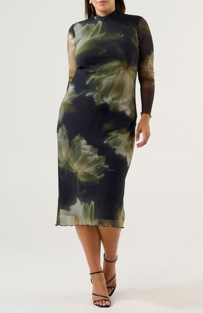 Estelle Estelle Peace Lily Mock Neck Long Sleeve Mesh Midi Dress