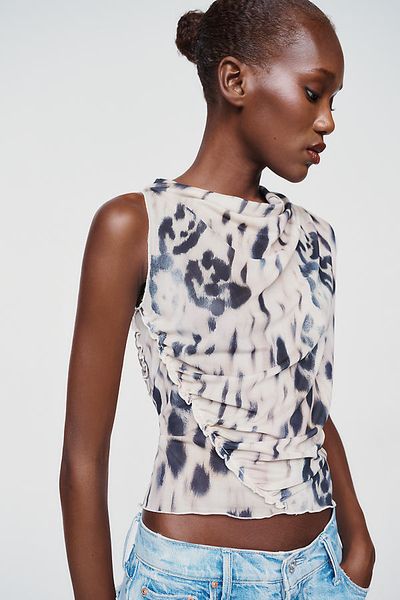 ESTHE Printed Gathered Sheer Top