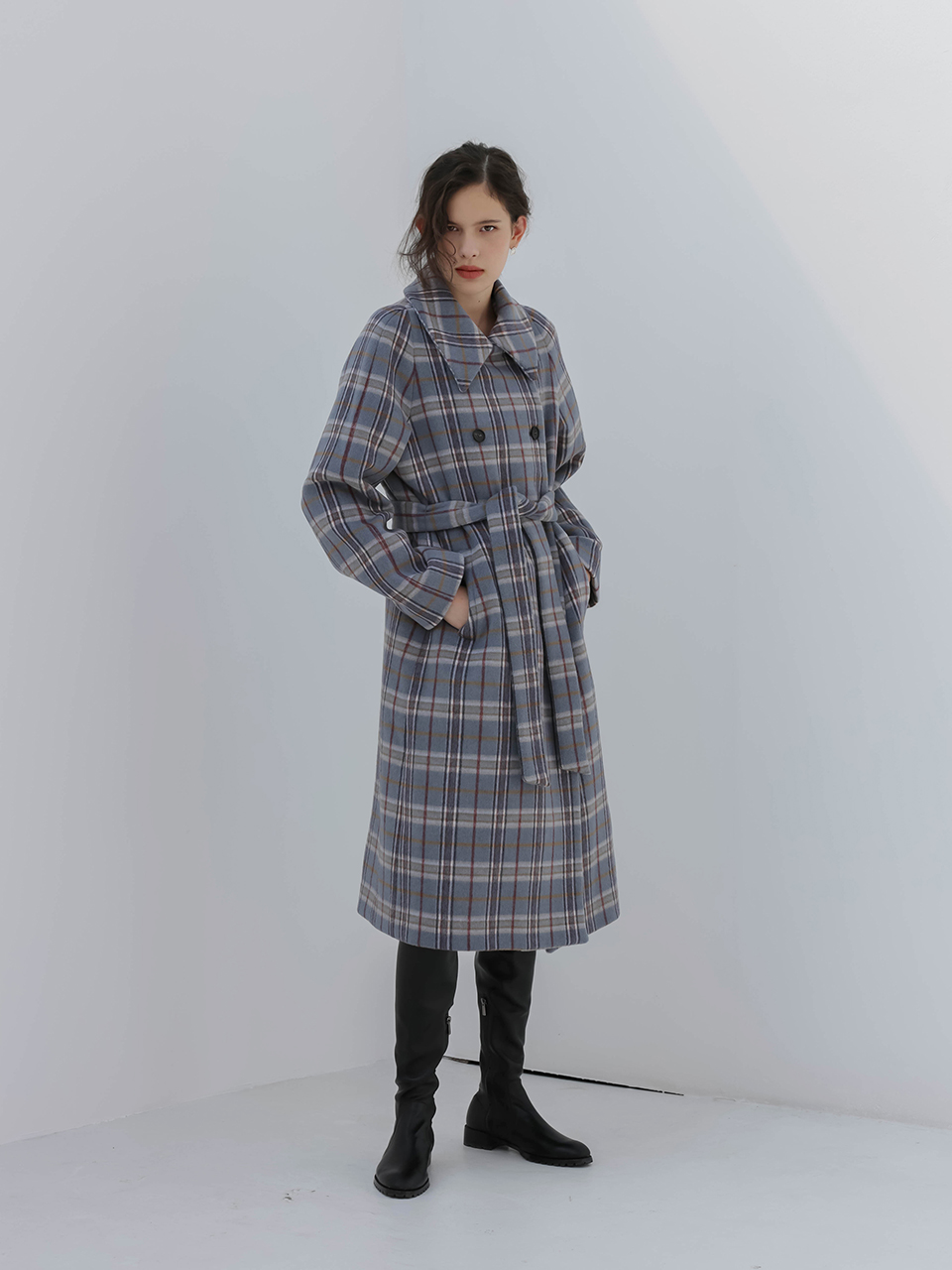 Et demain 002 Blue Check Reversible Long Coat