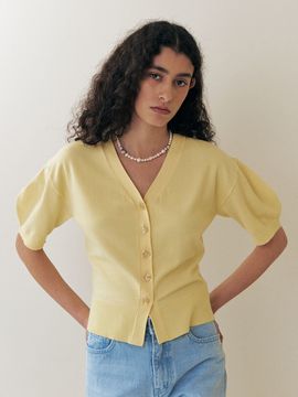 Et demain Balloon Half Sleeve Knit Cardigan _ Yellow
