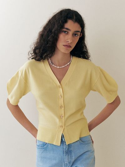 Et demain Balloon Half Sleeve Knit Cardigan _ Yellow