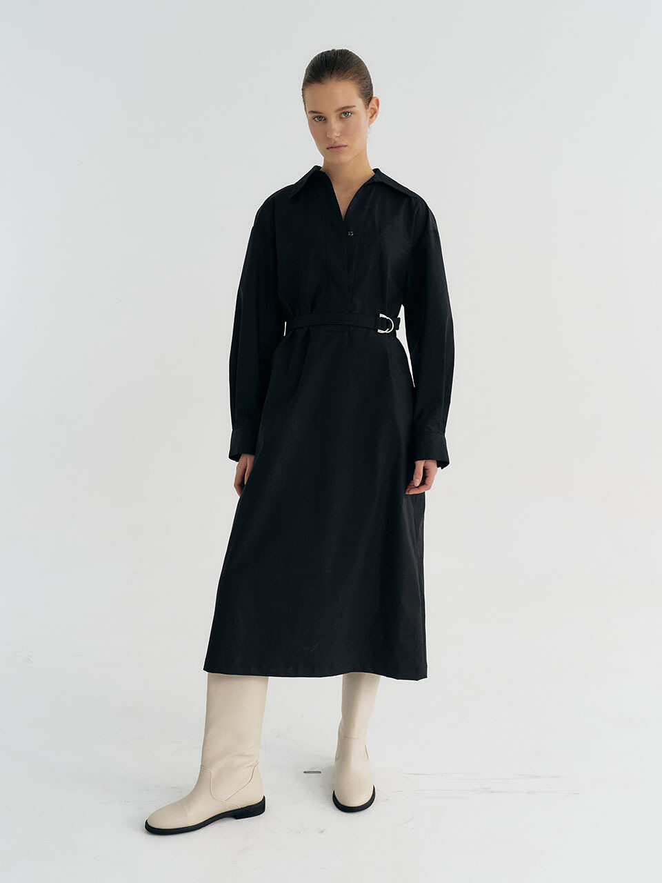 Et demain Cotton-blend Belted Shirt long Dress (Black)