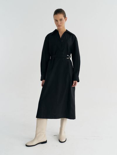 Et demain Cotton-blend Belted Shirt long Dress (Black)