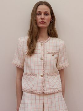 Et demain Linen Tweed Crop Cardigan Jacket_Pink
