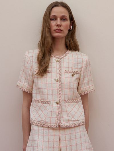 Et demain Linen Tweed Crop Cardigan Jacket_Pink