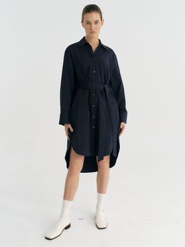 Et demain Nylon-blend Oversize Belt Shirt Dress (Navy)