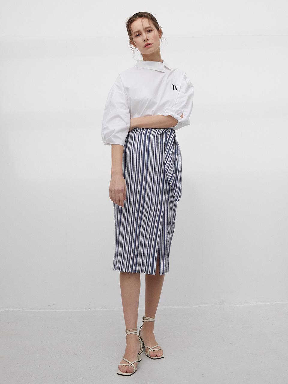 Et demain Premiun Modal Stripe Twist Ribbon Skirt _ Blue