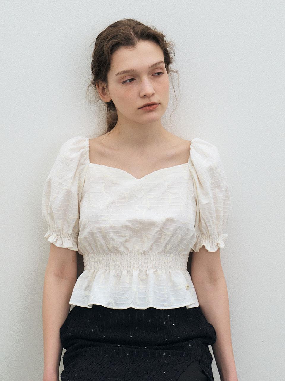 Et demain Puff Sleeve Smock Crop Flower Blouse