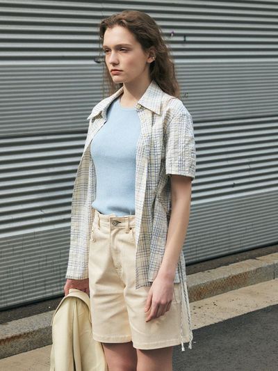 Et demain Ribbon String Half Shirt - Sky Blue Check