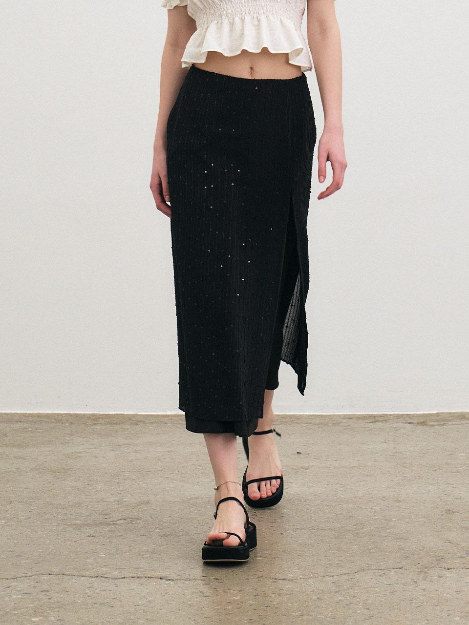 Et demain Sequin Pleats Layered Long Skirt - Black