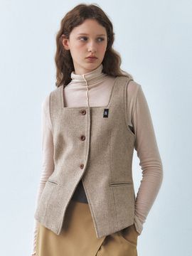 Et demain Single Square Wool Tweed Vest - Nut Beige